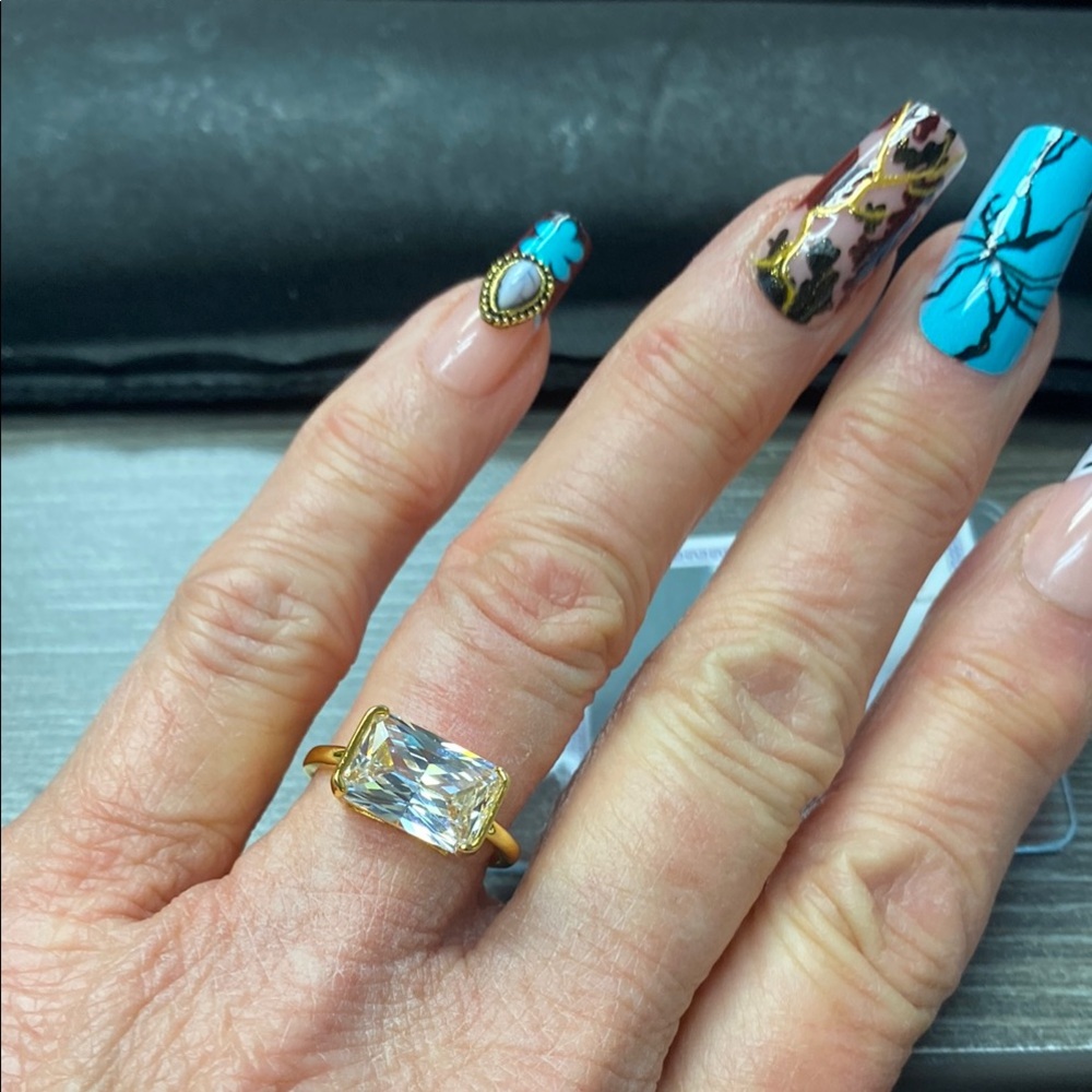 Gold-Plated Ring With Clear Rectangular Stone - W… - image 1